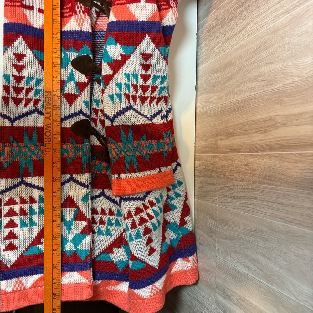 Valleygirl Red Peach Turquoise White and Brown Knit Coat with Faux Fur Hood - Picture 7 of 7